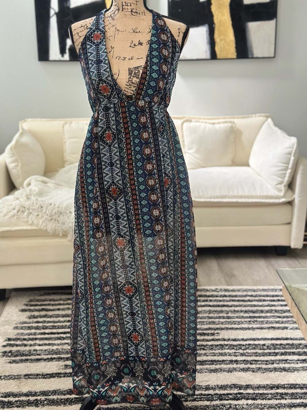 rue21 Women's Printed Boho Sleeveless Maxi Dress with Tie-Back